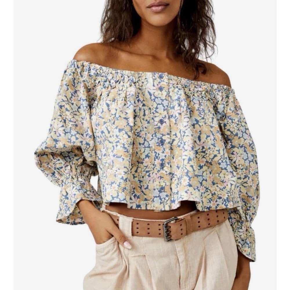 Free People James Smock Off / On Shoulder Chambray Mix Color Floral Crop Top S